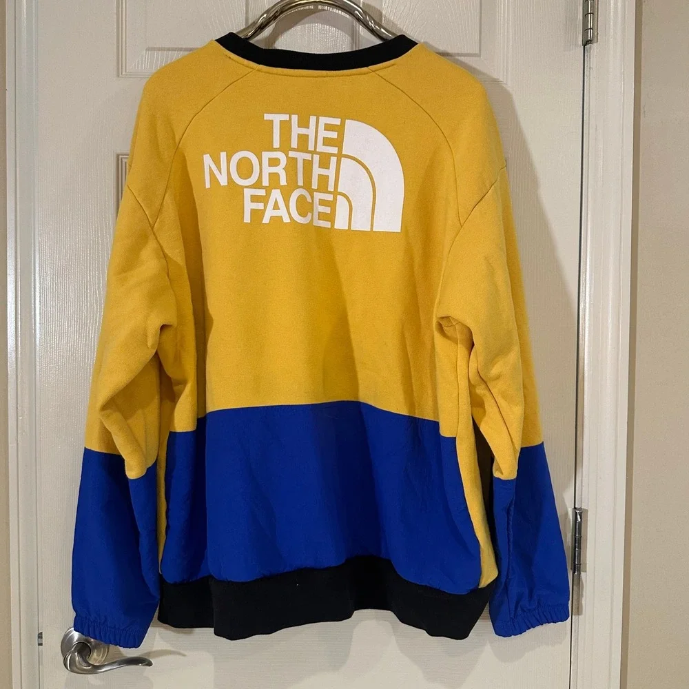 The North Face Mens Large Colorblock Crewneck Sweatshirt Yellow Blue Fleece Logo